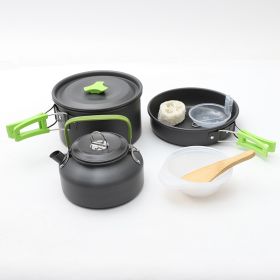 Outdoor portable 2-3 person camping stove cover pot picnic cooker non stick pot teapot combination set including tableware (colour: green)
